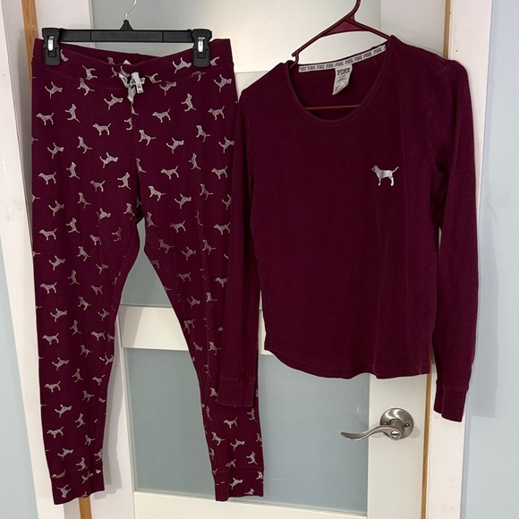 PINK Victoria's Secret Other - PINK Victoria's Secret Burgundy Waffle Knit Dog Print Thermal Pajama Set